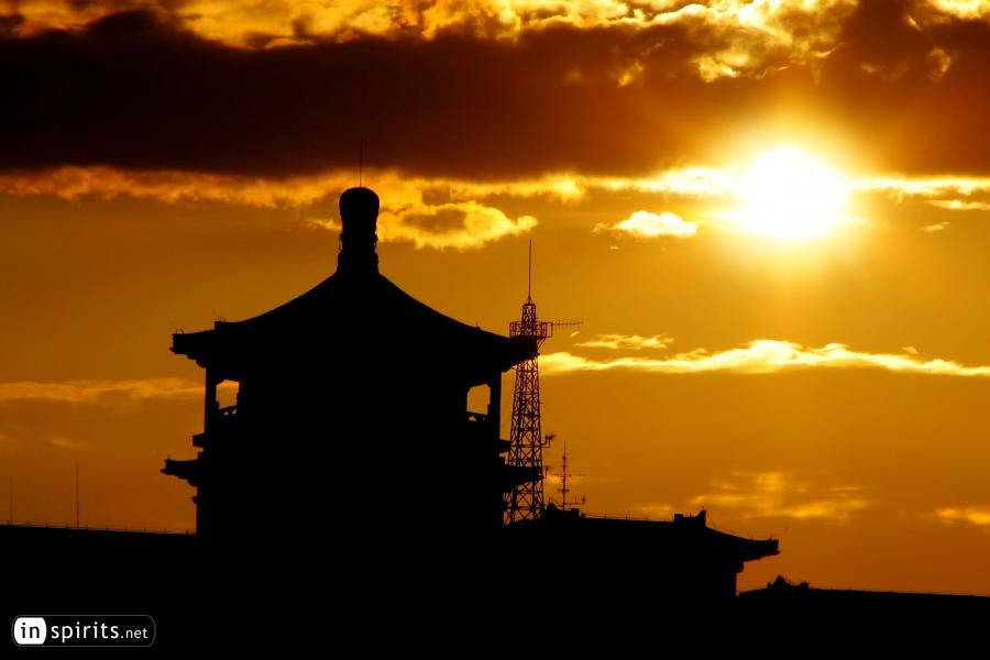 Pagoda roof in Beijing at sunset